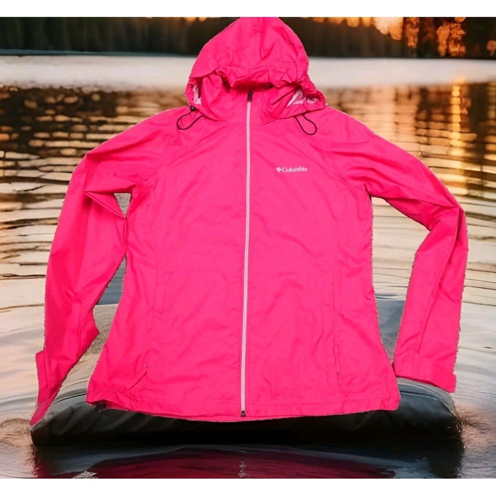 Columbia Windbreaker Jacket Girlsâ Medium Pink Excellent Hooded Full Zip Shell